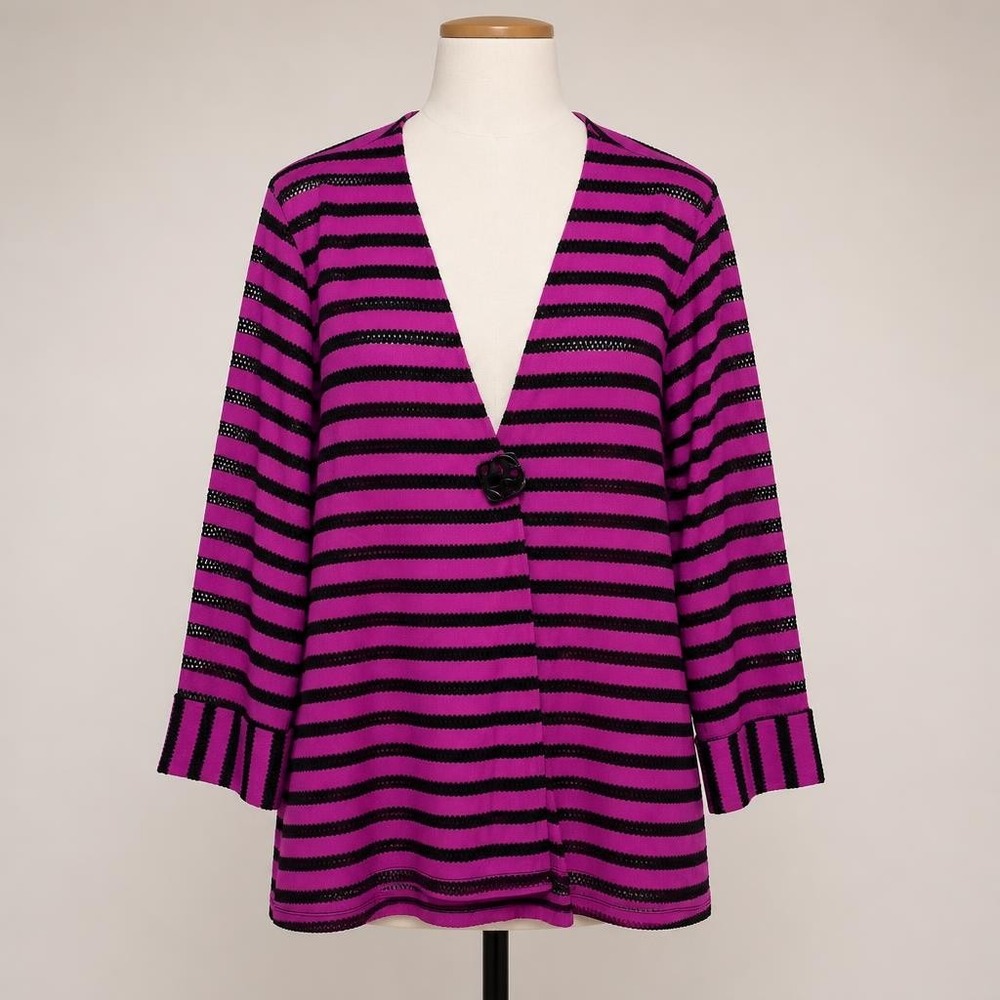 Ali Miles Womens L Pink Black Striped Open Front Cardigan Crochet Mesh 3/4